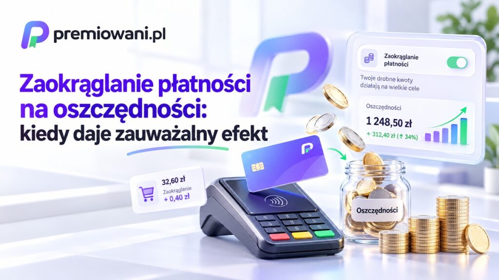 Zaokrąglanie płatności na oszczędności – karta płatnicza, terminal, monety i wykres automatycznego oszczędzania